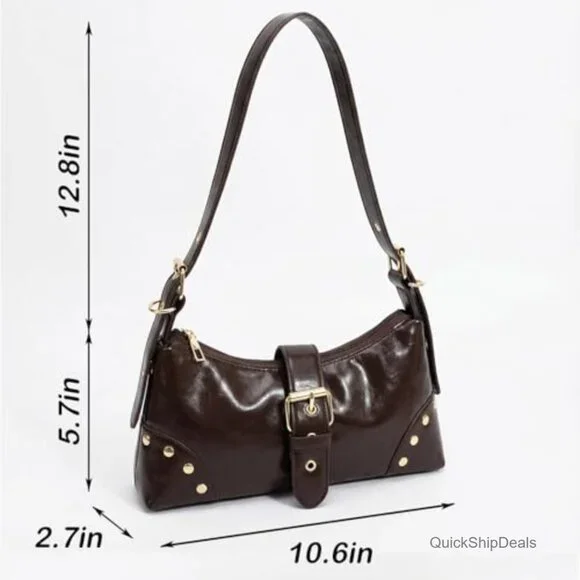 PU Leather Shoulder Bag with Adjustable Strap Studded Vintage Purse - Picture 4 of 6